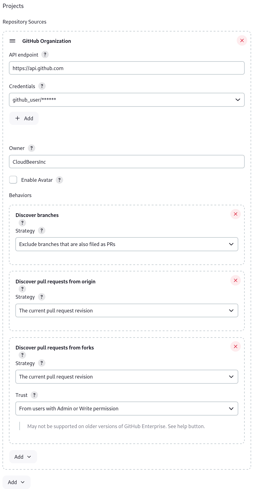 Projects section in the Jenkins configuration page for a GitHub Organization repository source includes fields to specify the API endpoint, credentials, and repository owner, which is set to 'CloudBeersInc'. Additionally, there are options to enable avatar display and define behaviors such as discovering branches, pull requests from origin, and pull requests from forks. Each behavior has a strategy dropdown for specific configurations, along with options for setting trust levels for pull requests from forks.